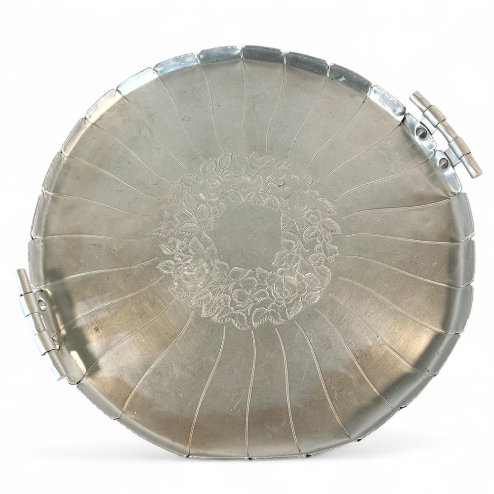 Hammered Aluminum Round Handled Serving Tray, Poor Man’s Silver circa 1930-50s